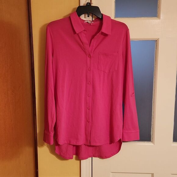 Tyler Boe Bright Pink Buttoned Longsleeve Shirt Asymmetrical Hem Size M - Picture 1 of 15